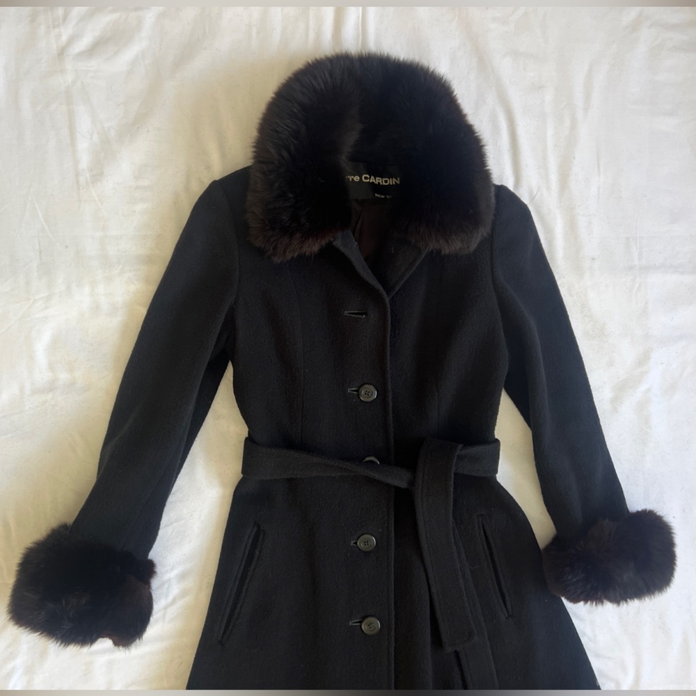 Pierre Cardin Vintage 70s Fox Fur Wool Melton Fit Flare Belted Luxe Winter Coat - Picture 12 of 15